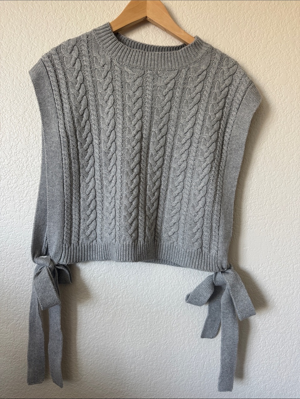 Cable Knit Side-Tie Sweater Vest - Light Gray Open Side